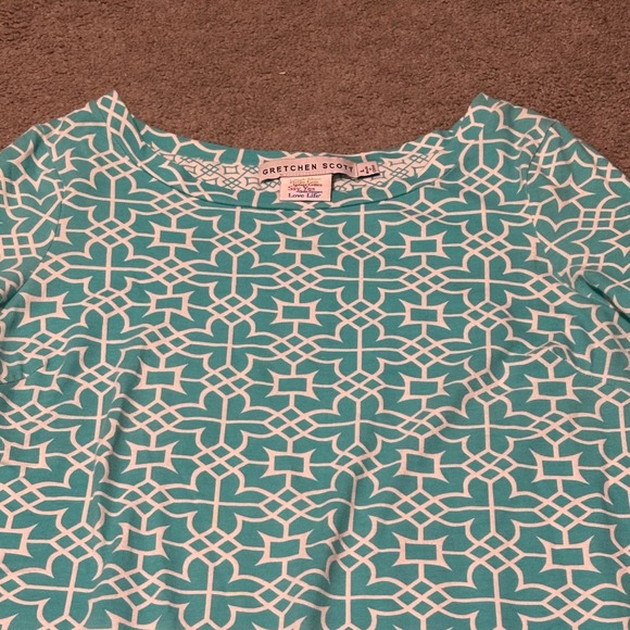 Gretchen Scott Teal White Geometric Print 3/4 Sleeve Knit Dress Size L - Picture 4 of 10